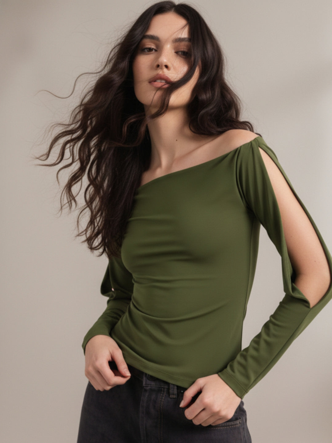 Olive Full Sleeve Slit Boat Neck Top