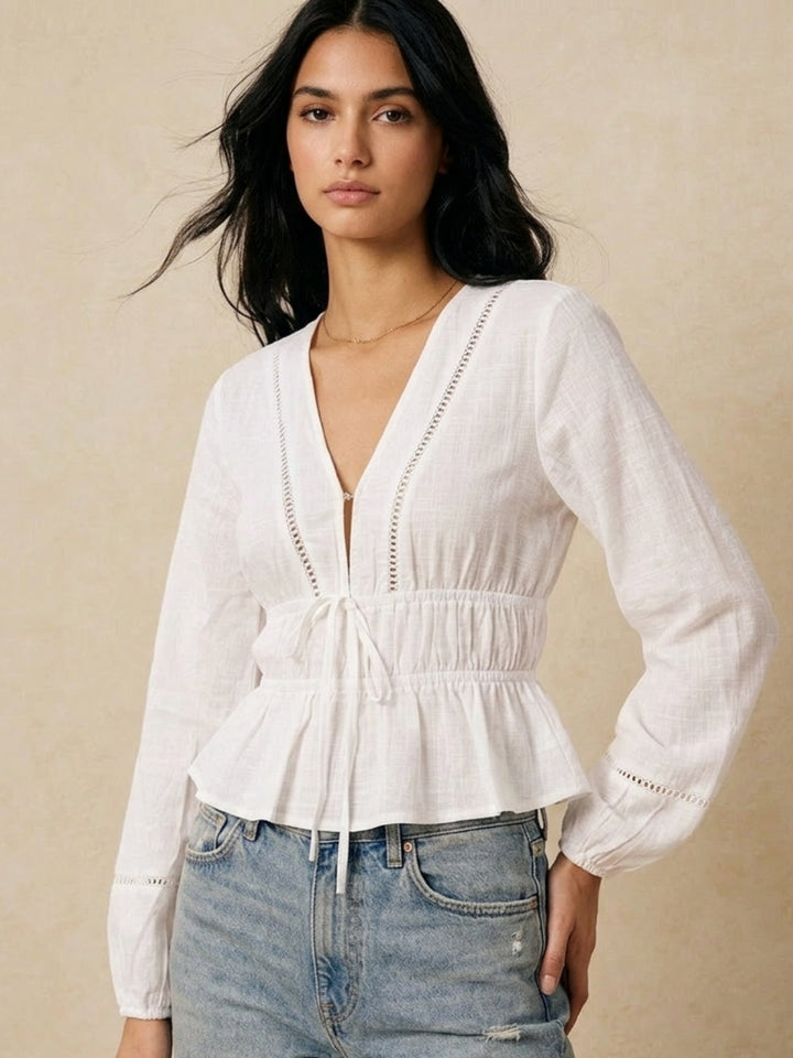 White Bishop Sleeve Front Tie-Up Top