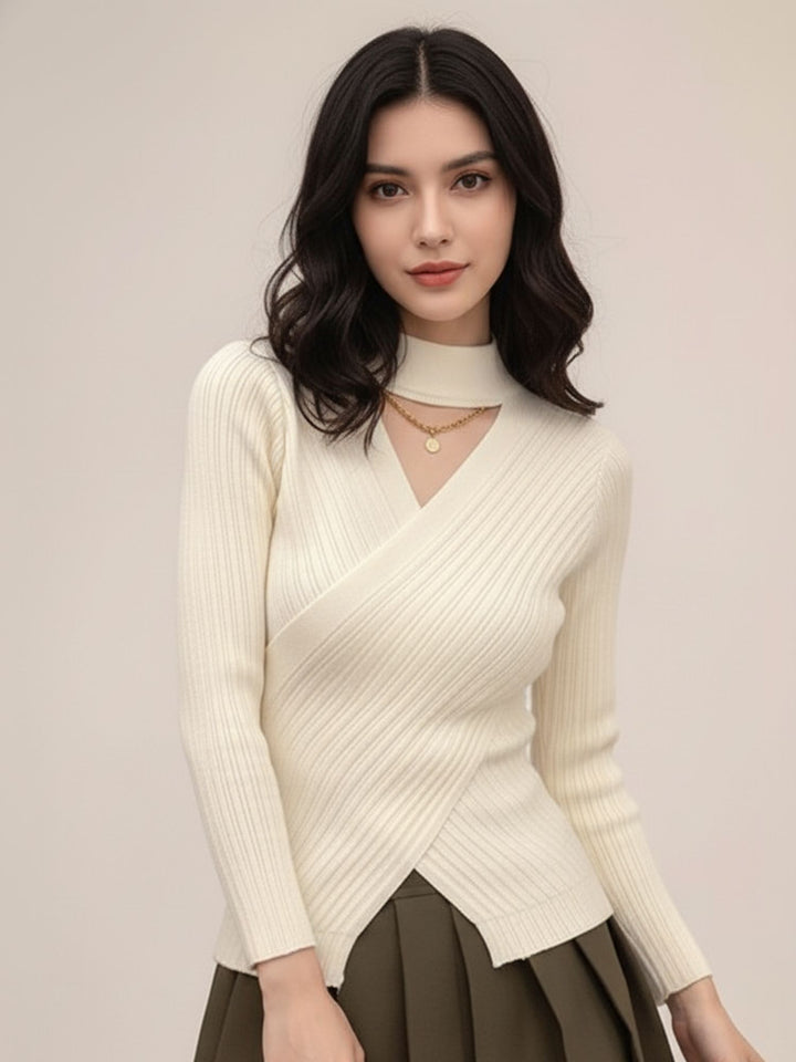 White Full Sleeve Neck Cutout Wrap Top