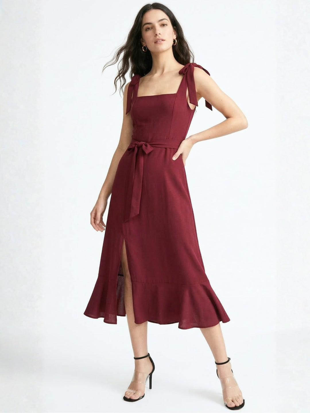 Maroon Shoulder Tie-Up Flare Dress