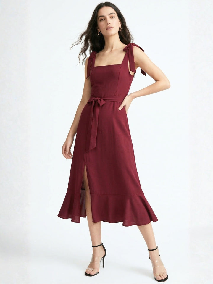 Maroon Shoulder Tie-Up Flare Dress