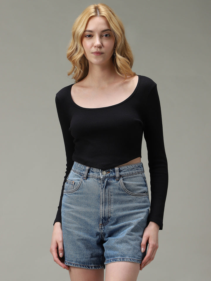 Black Assymetric Hem Scoop Neck Knit Top