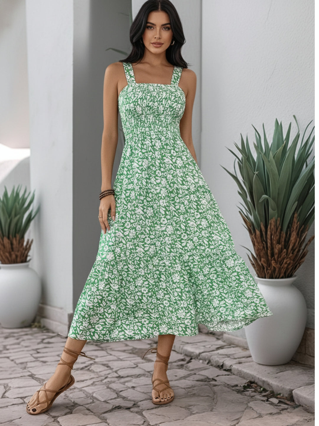 Green Shoulder Strap Waist Fitted Printed Dress