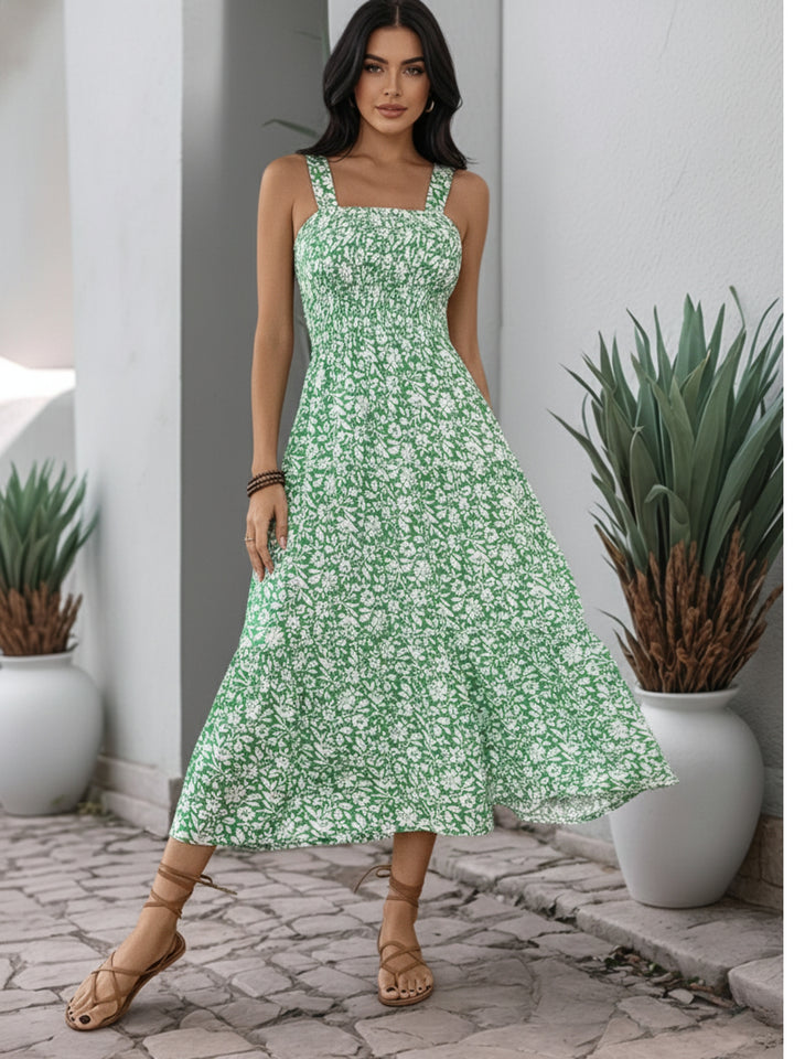 Green Shoulder Strap Waist Fitted Printed Dress