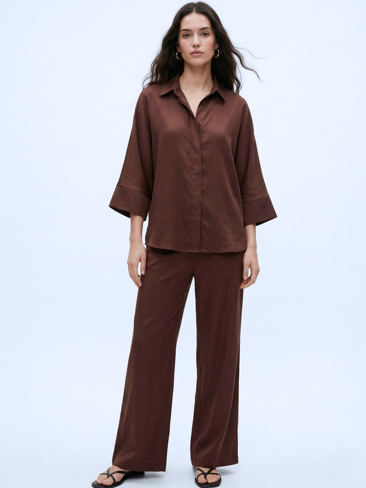 Brown Relaxed Sleeve Front Buttoned Shirt & Pant Set