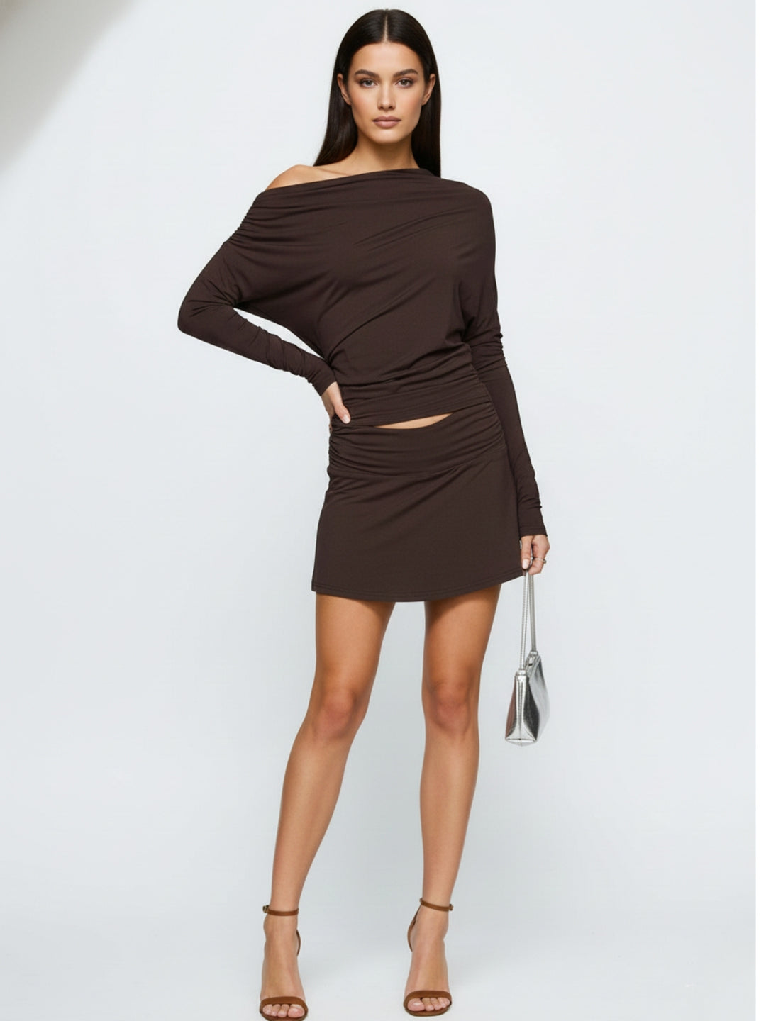 Brown Full Sleeve Top And Skirt Set