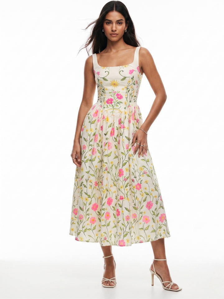 White Scoop Neck Strappy Printed Dress