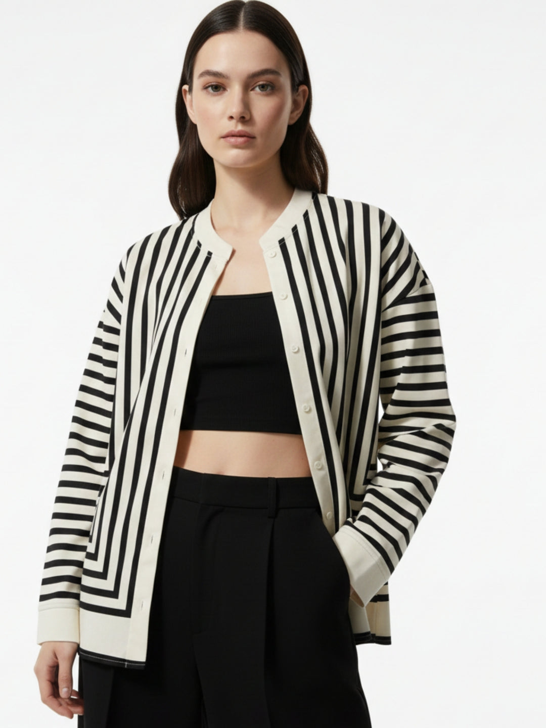 Beige Flowy Striped Scarf Blouse