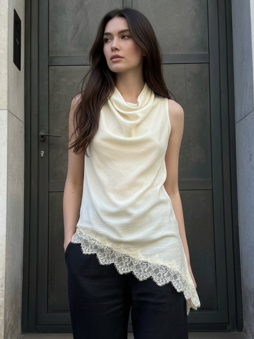 Cream Mock Neck Lace Hem Top