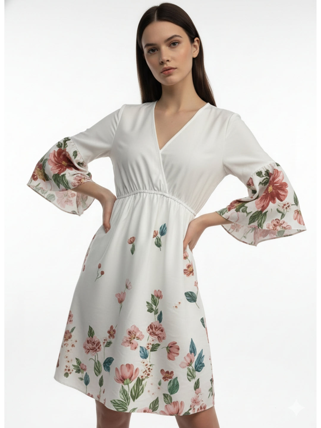 White Floral Printed V Neck Dress