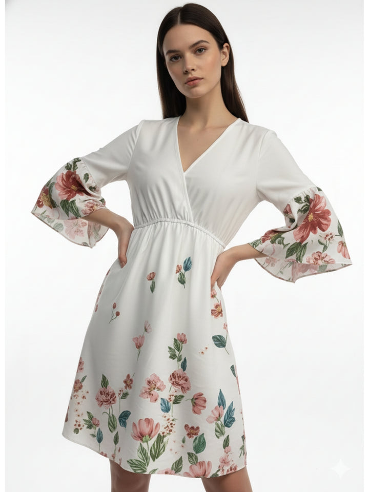 White Floral Printed V Neck Dress