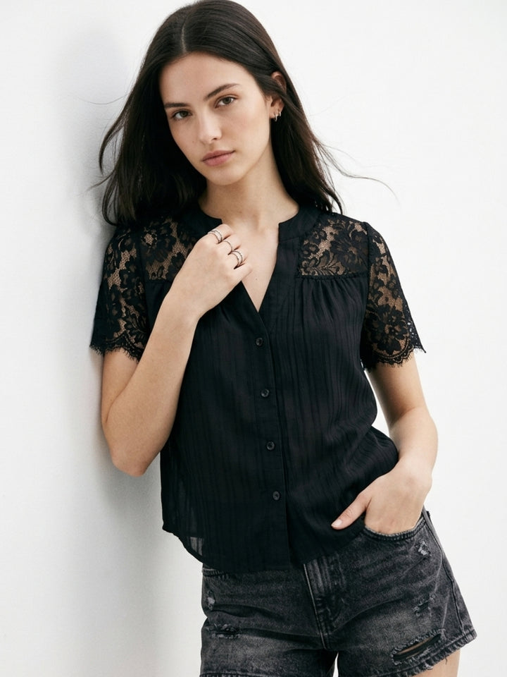 Black V Neck Blousson With Lace Inserts On Sleeves