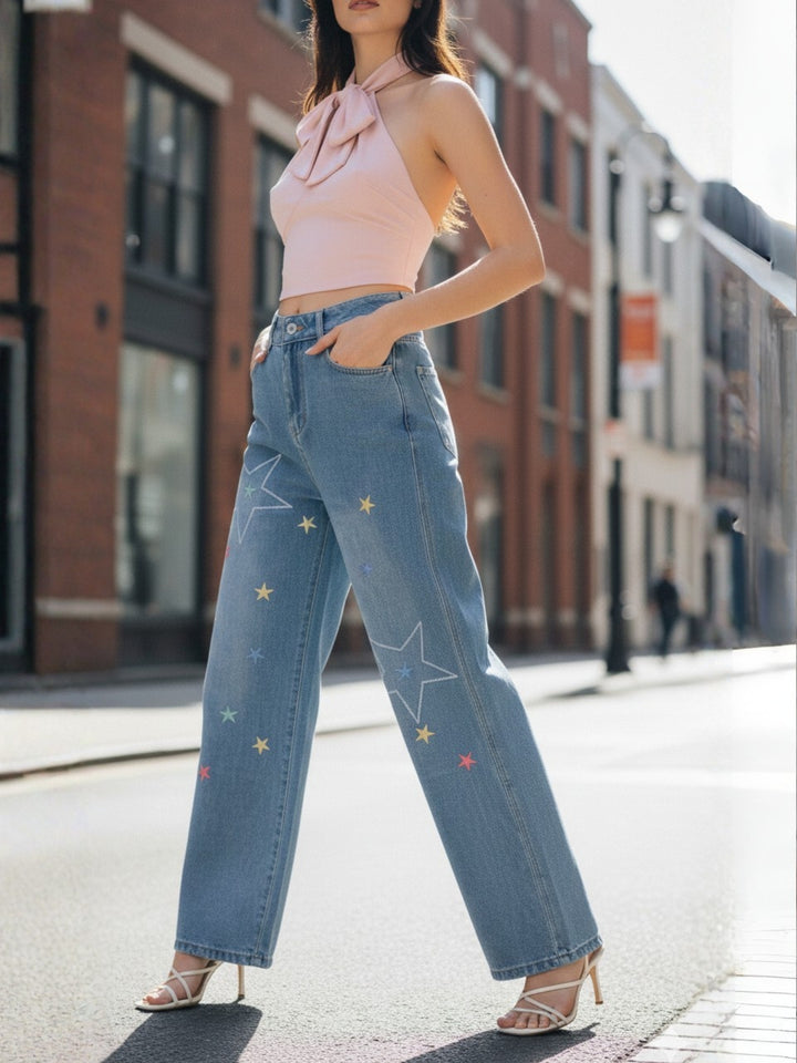 Light Blue Printed Washed Effect Jeans