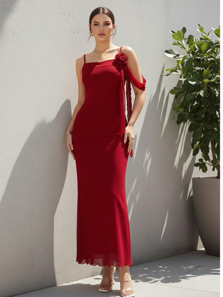 Red Spaghetti Strap Flower Detail Dress