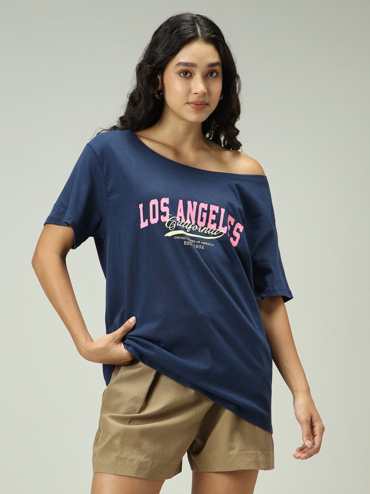 Navy Blue One Shoulder Graphic T-Shirt