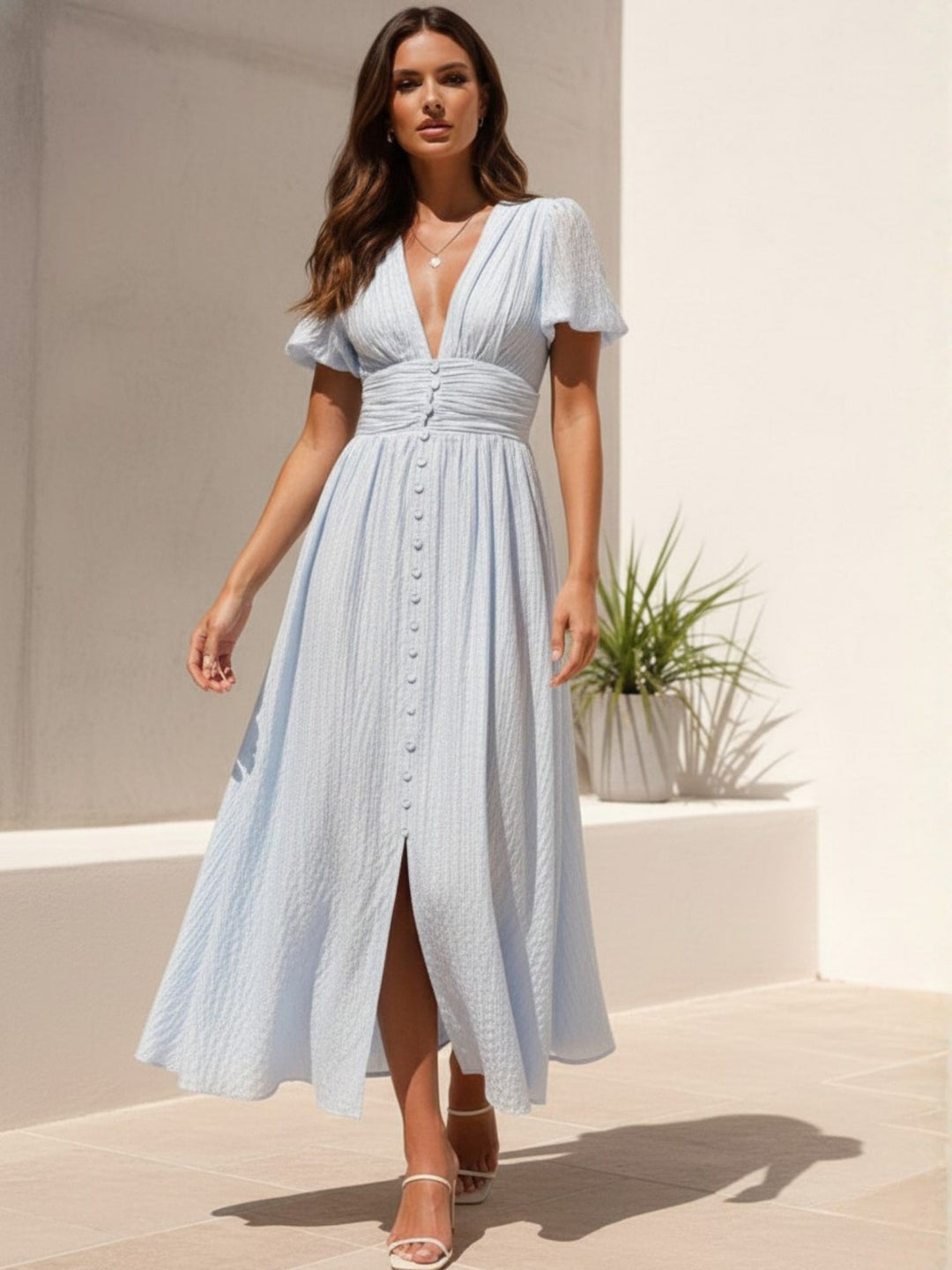 Blue Plunge Neck Puff Sleeved Dress