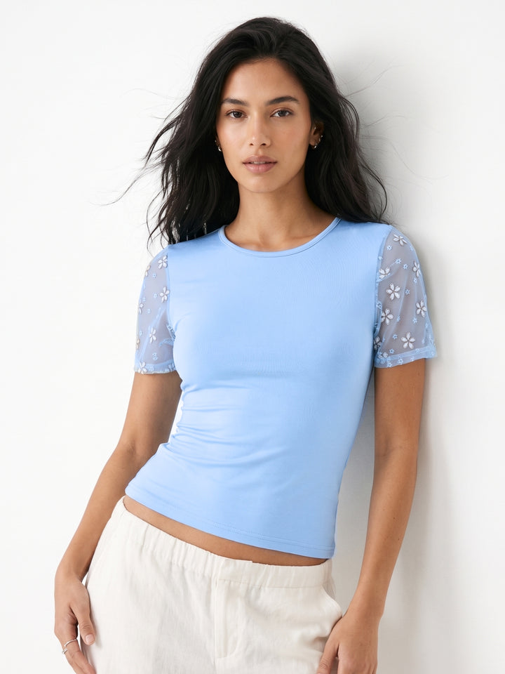 Blue Puff Sleeve Fitted Top