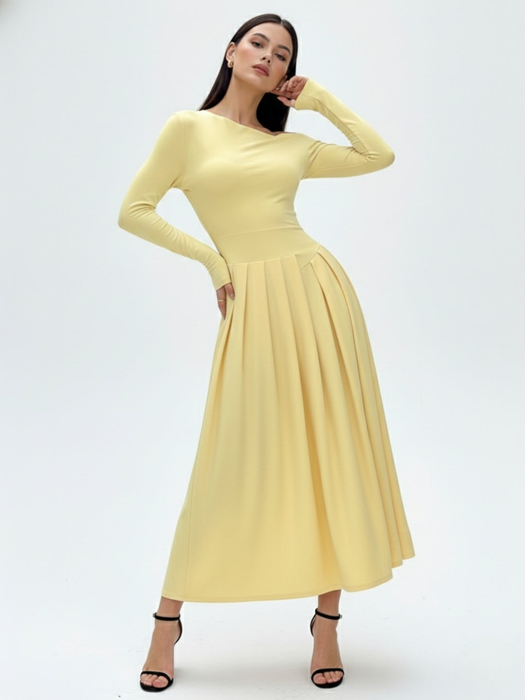 Yellow Full Sleeve One Shoulder Dress