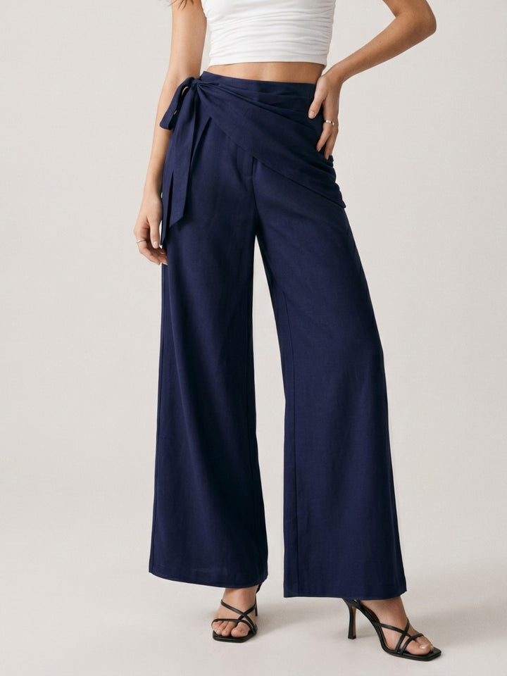 Navy Blue High Waist Wide Leg Wrap Trousers