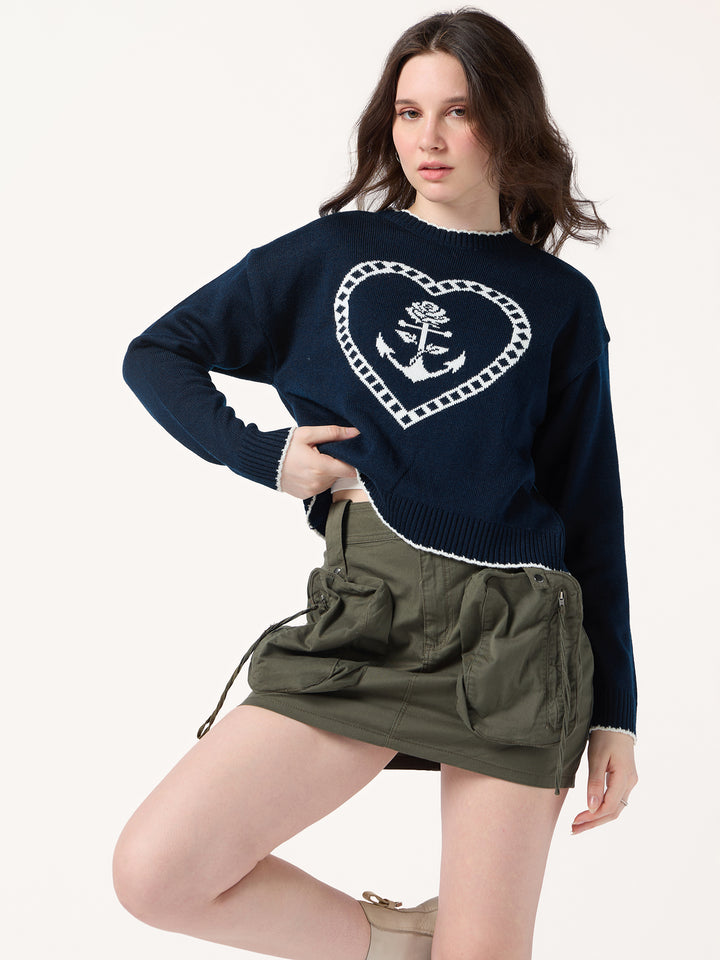 Navy Blue Contrast Stitch Hem And Neck With Graphic Sweater