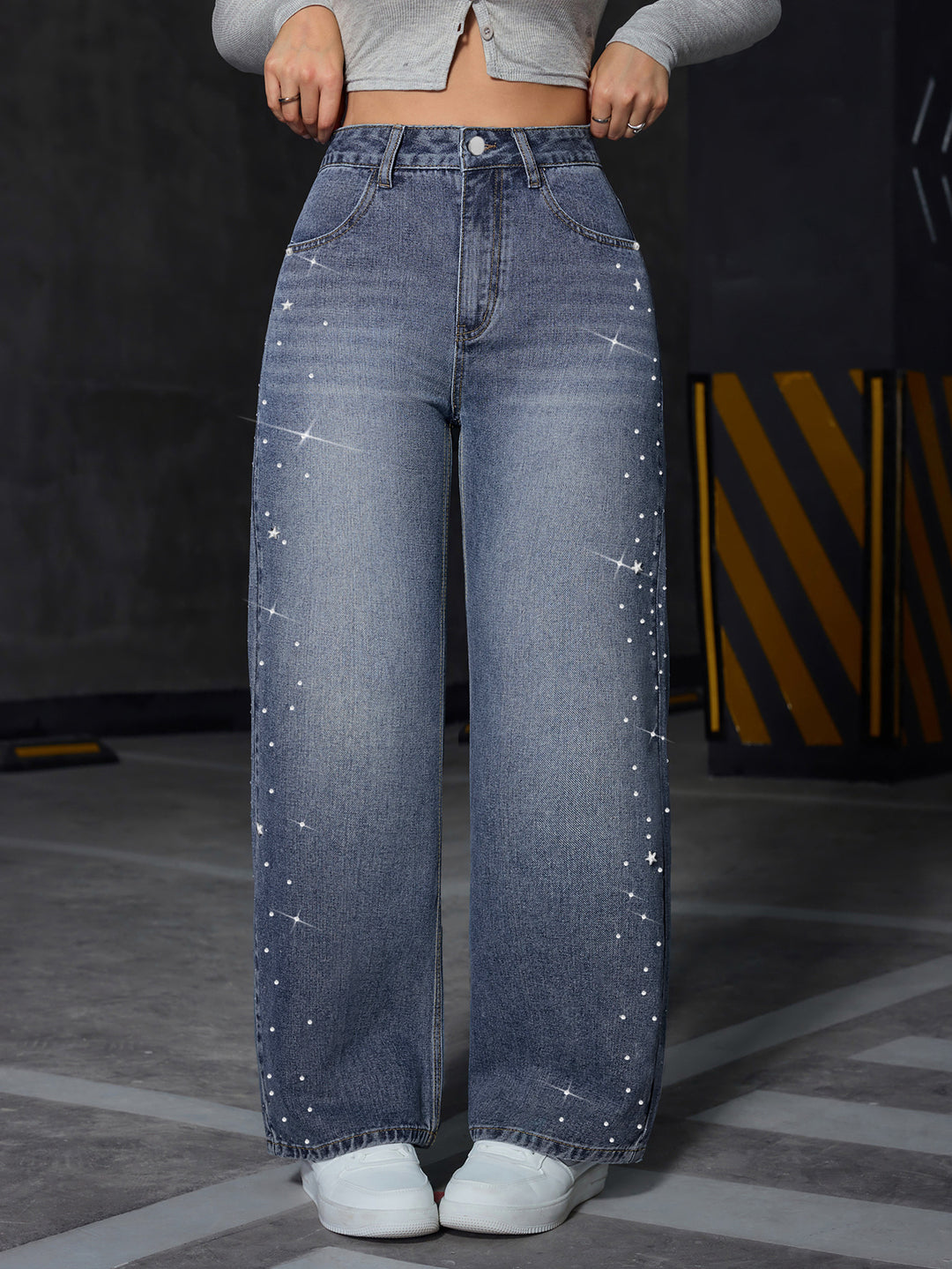 Blue Side Embellished Wide Leg Denim