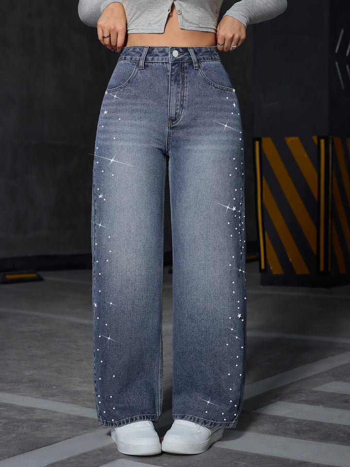 Blue Side Embellished Wide Leg Denim