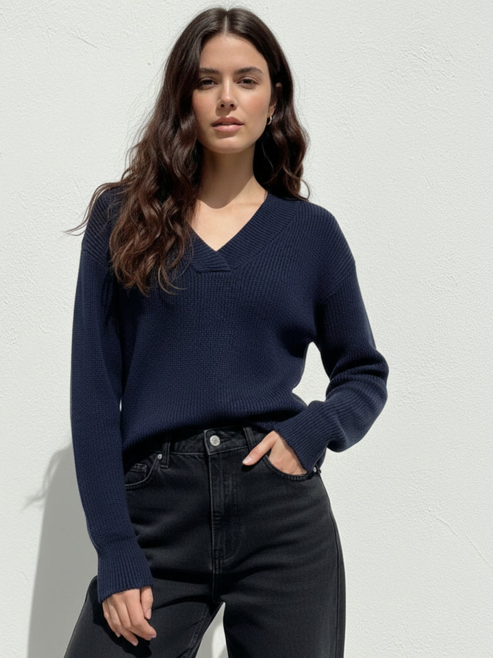Navy Blue Full Sleeve V Neck Sweater