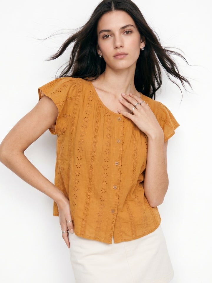 Mustard Button Down Schiffli Top