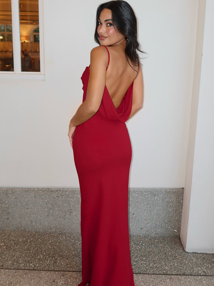 Red Square Neck Dress With Back Cowl