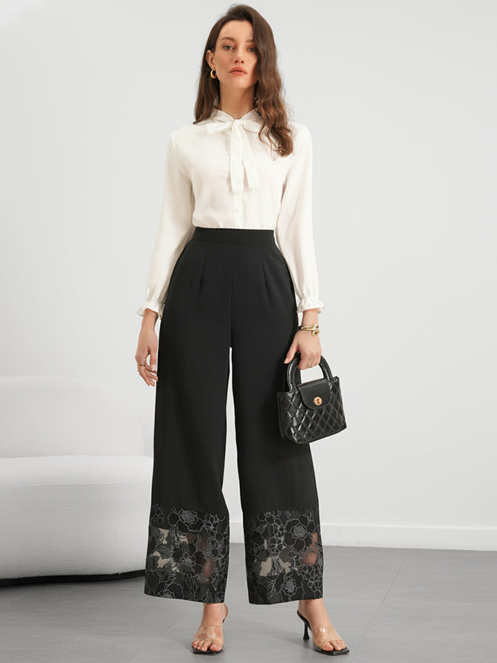 Black Wide Leg Trousers With Lace Hem