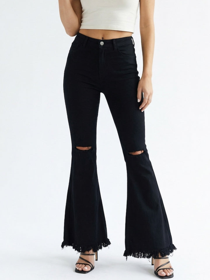 Black Flared Denim With Knee Distress