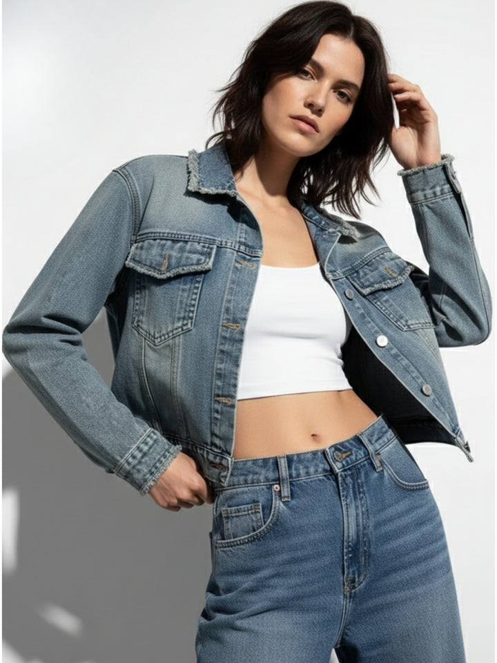 Blue Frayed Effect Denim Jacket