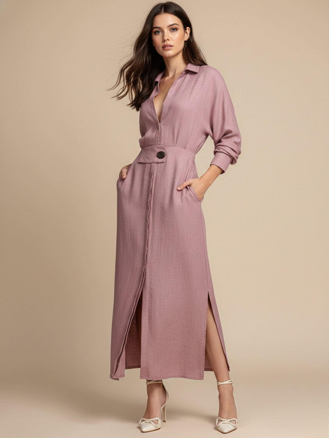 Pink Maxi Shirt Dress With Side Slit