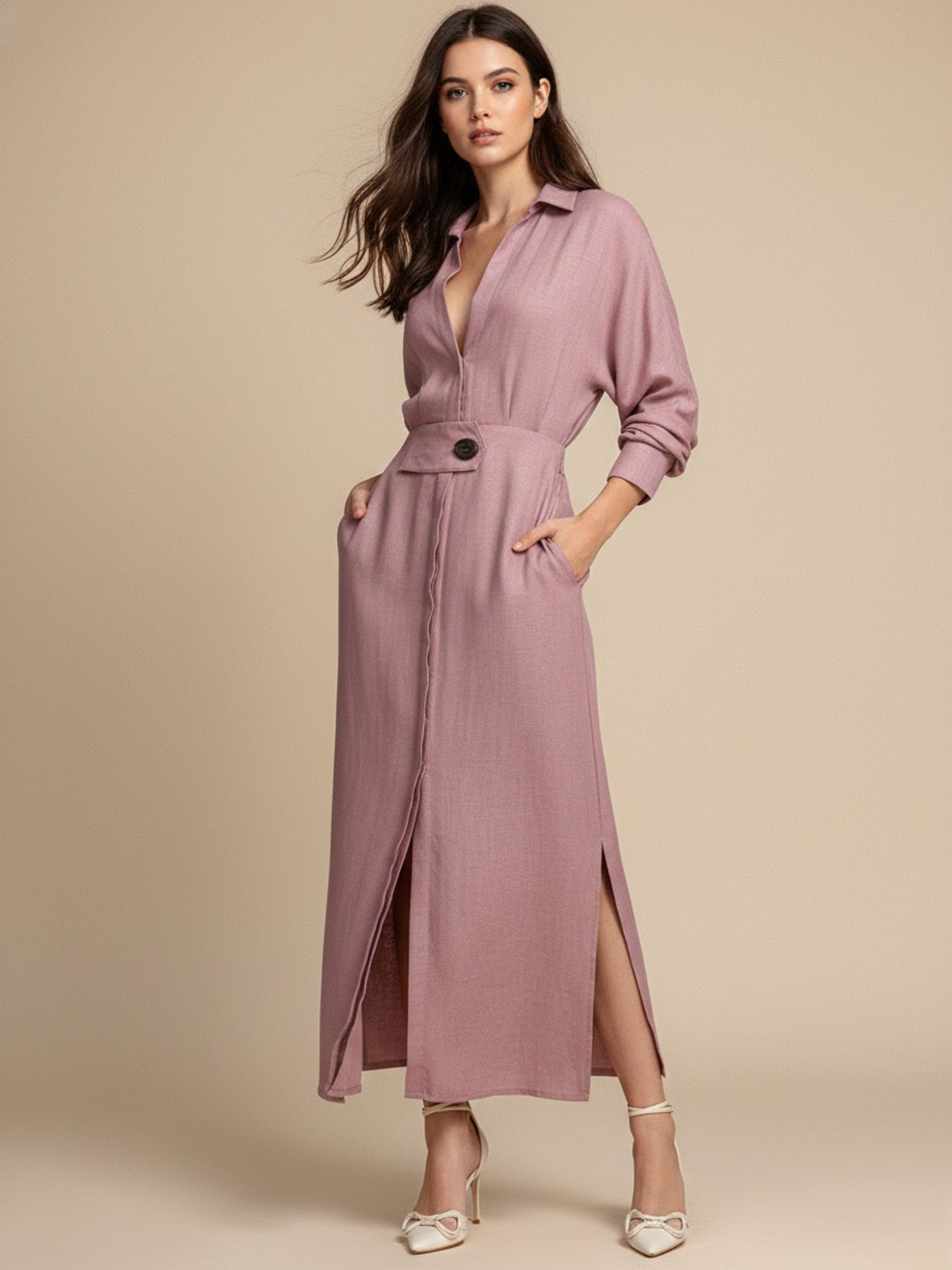 Pink Maxi Shirt Dress With Side Slit