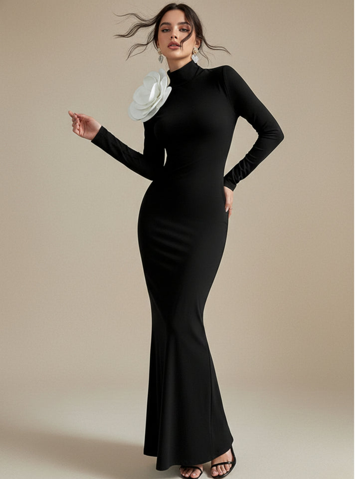 Black High Neck Fitted Dress With Contrast Floral Corsage