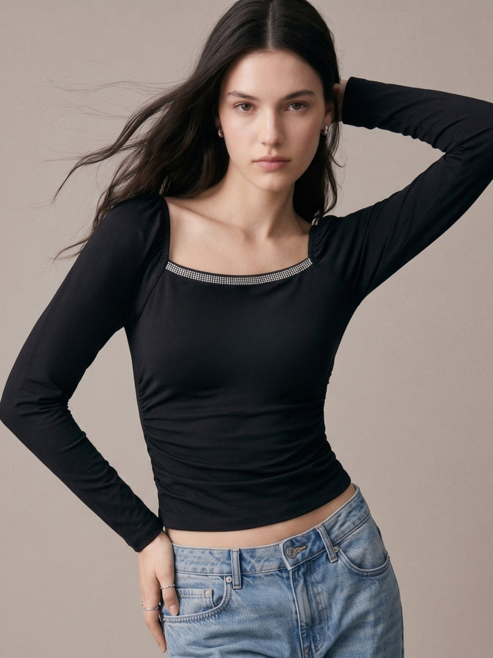 Black Square Studded Neck Top With Sheer Sleeves