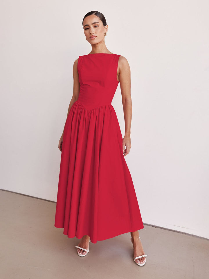 Red Sleeveless Solid Flared Dress