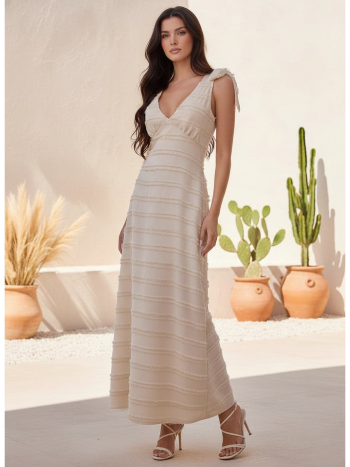Beige Shoulder Tie-Up Textured Dress