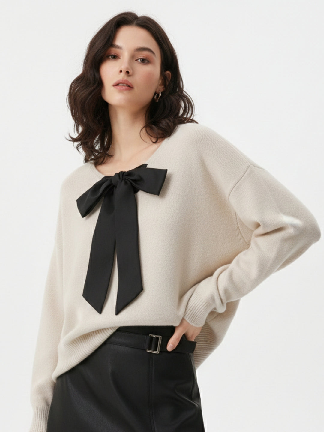 Beige Full Sleeve Bow Detail Sweater