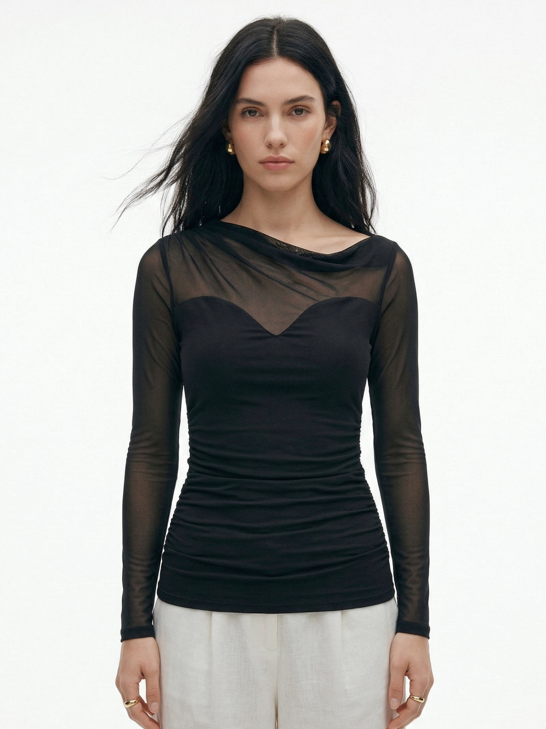 Black Full Sleeve Mesh Detail Top