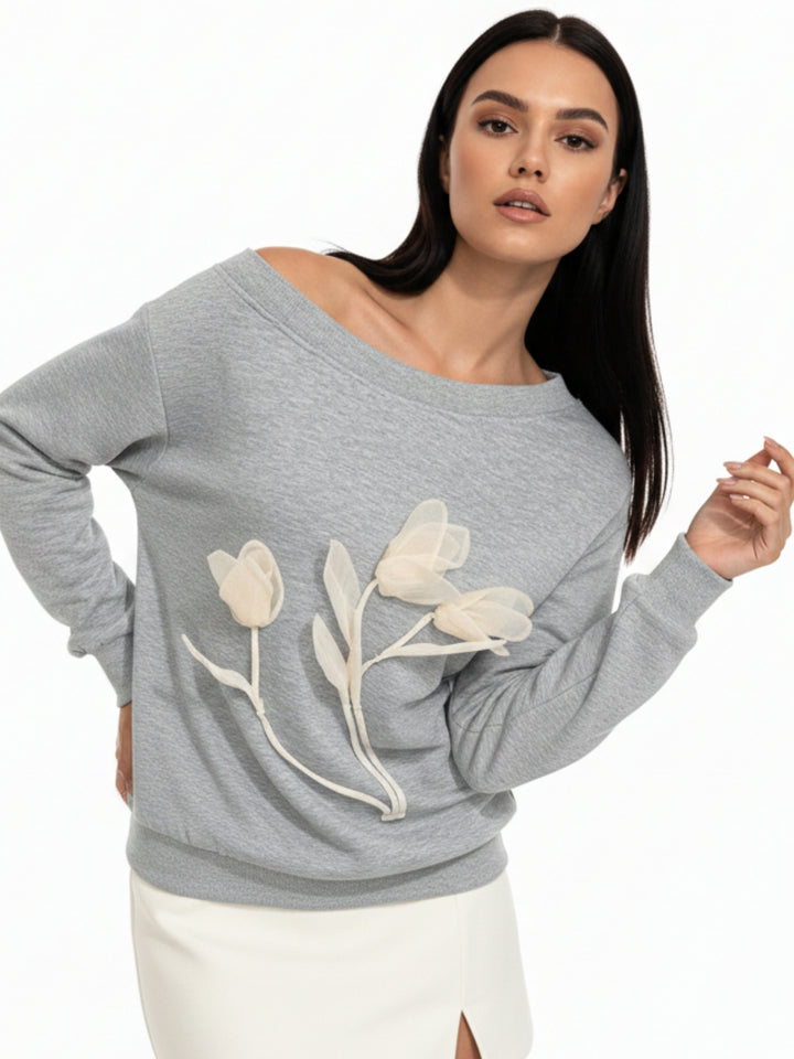 Grey One Shoulder Applique Sweatshirt