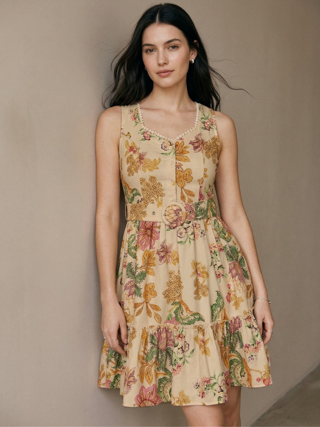 Multi Printed Tiered Lace Dress With Belt