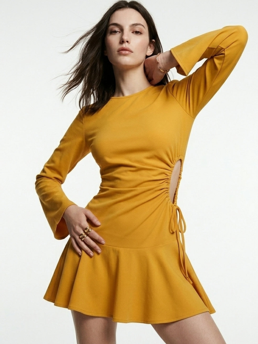 Yellow Bell Sleeve Waist Cut-Out Dress