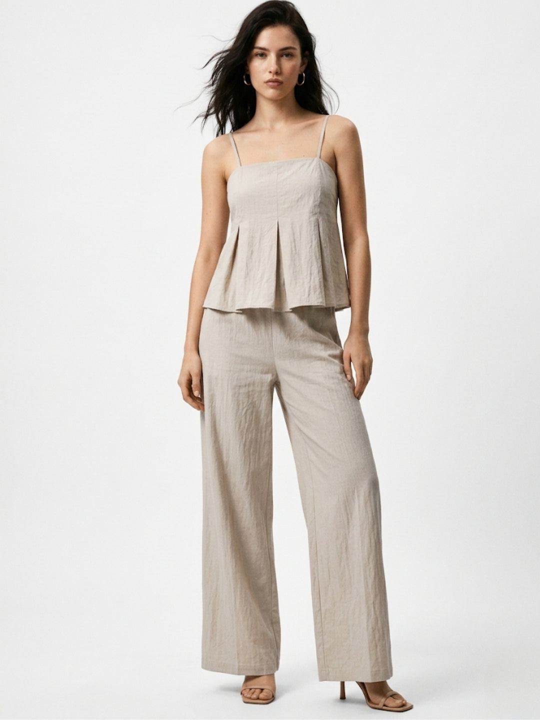 Beige Strappy Peplum Top With Trousers Co-Ord Set