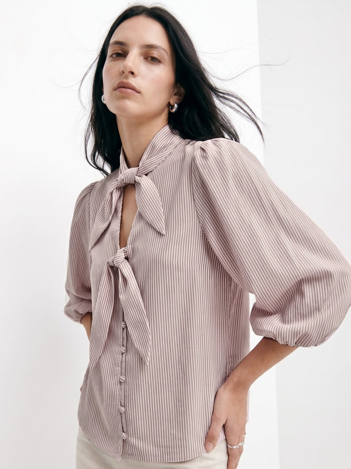 Nude Puff Sleeve Neck Tie-Up Top