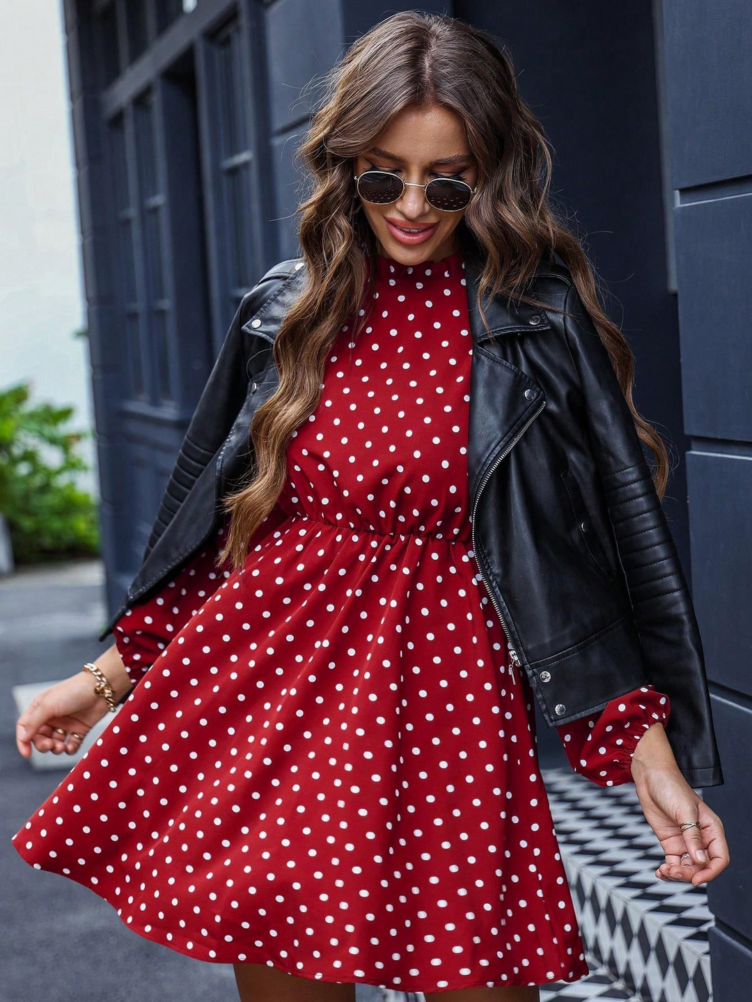 Red Printed Mock Neck Waist Fitted Dress