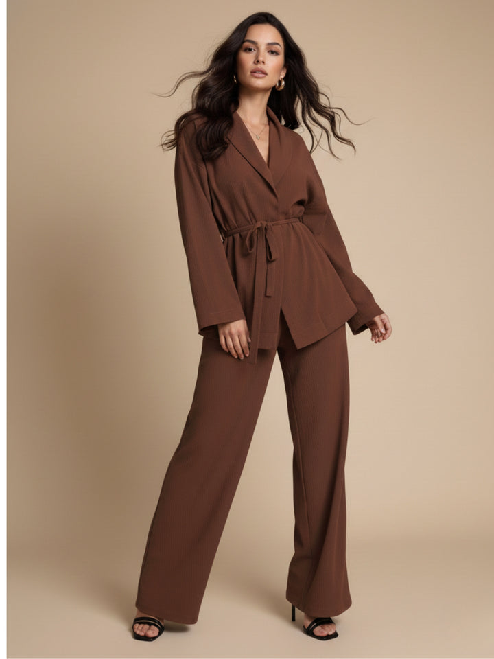 Brown Full Sleeve Wrap Style Shirt And Pant Set