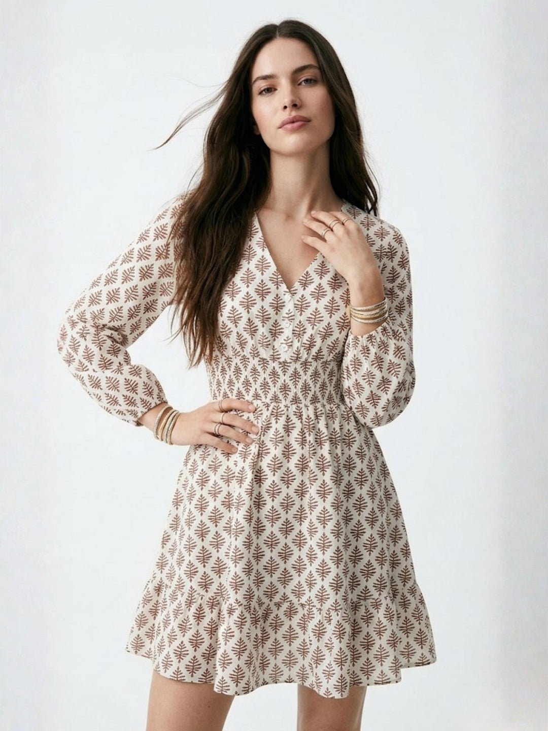 Off White Bishop Sleeve V Neck Printed Dress