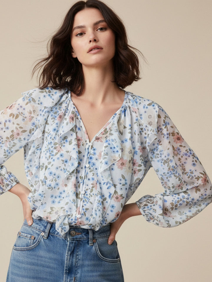 Blue Frill Printed Blouses