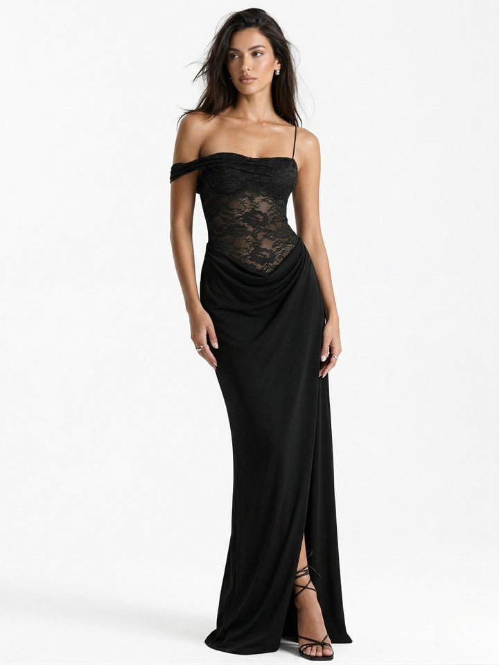 Black One Shoulder Lace Detail Dress